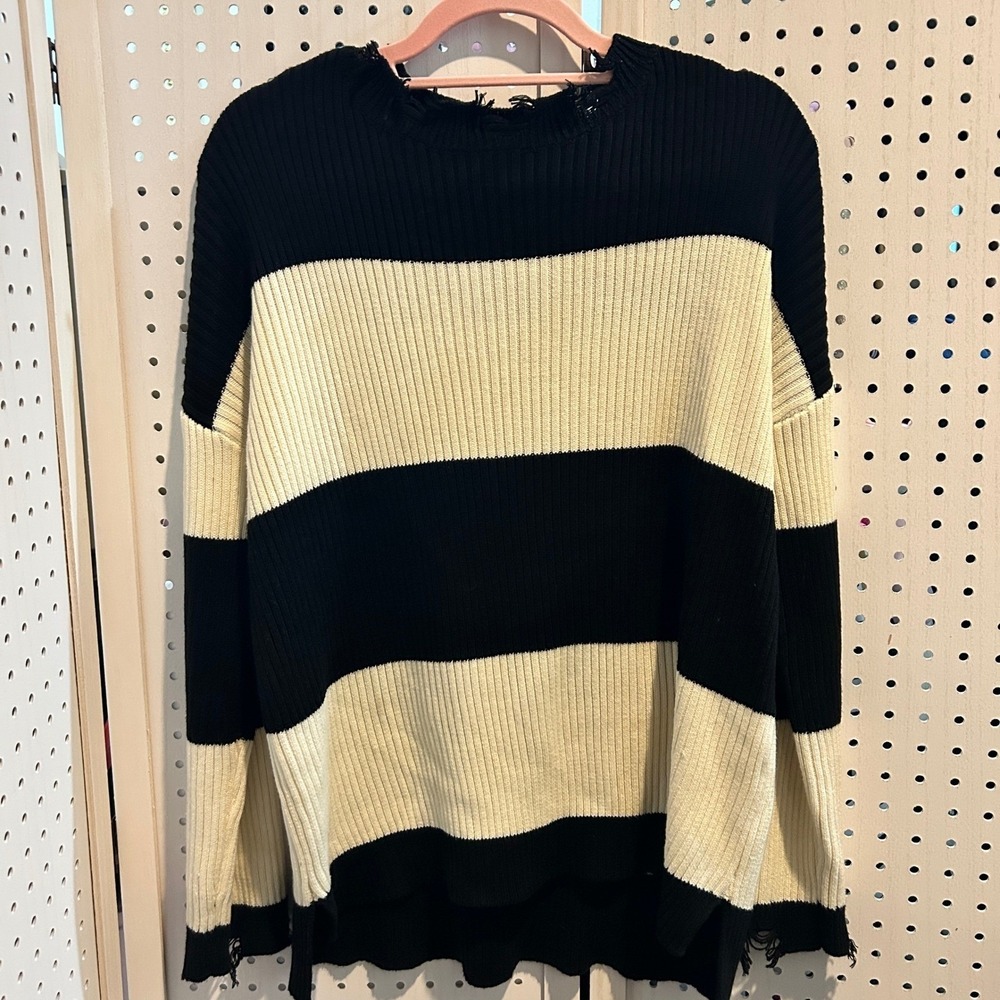 Black & Cream Striped Knit Sweater Distressed Frayed Pullover Revolve Medium